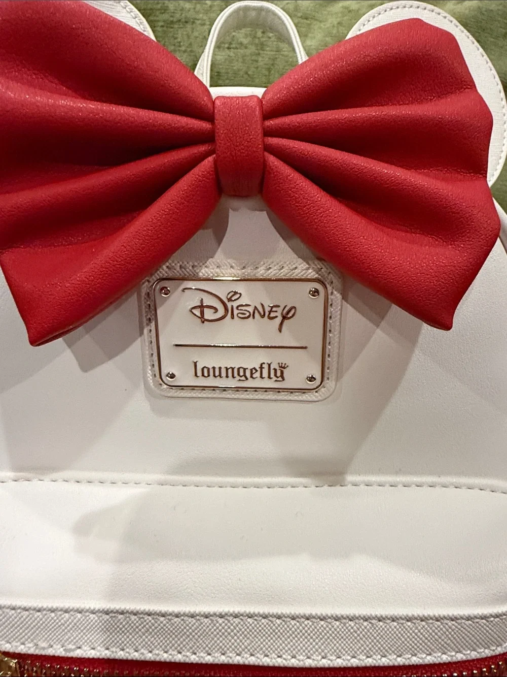 Loungefly White Minnie Ear Mini Backpack with Red Bow Accent